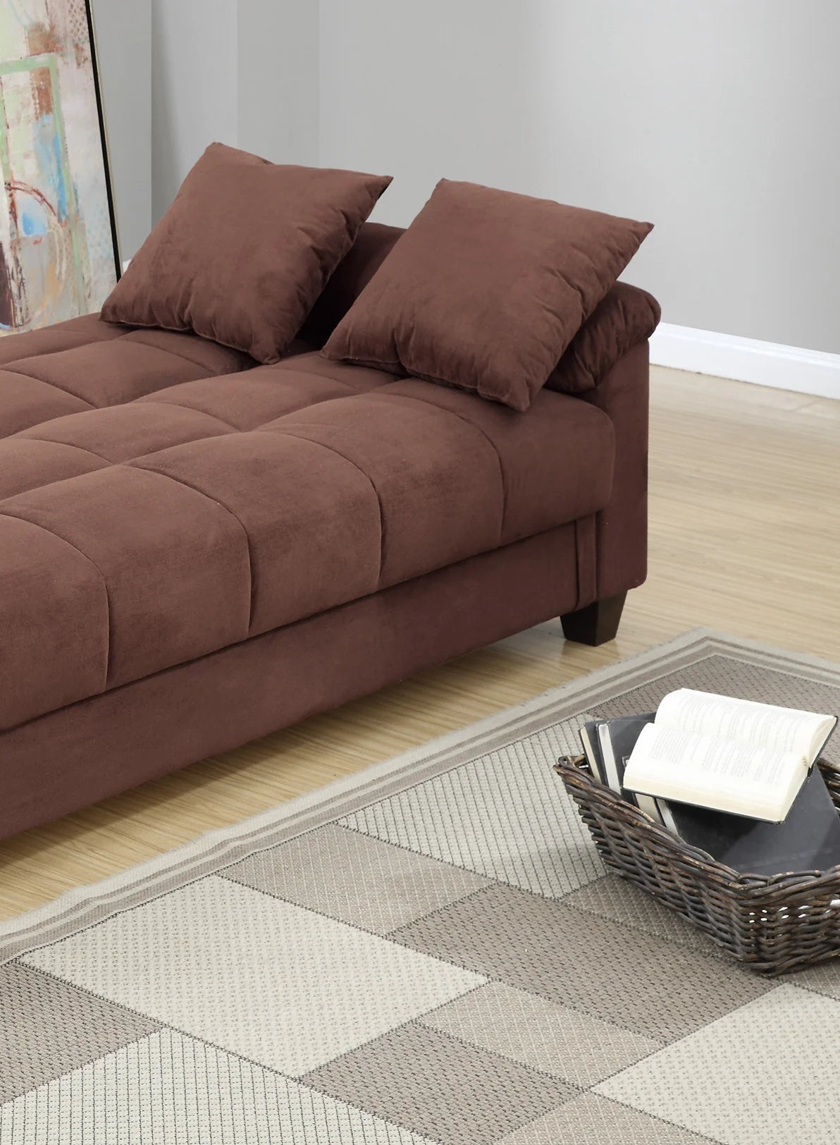 "Luxurious Chocolate Microfiber Plush Storage Sofa: Upgrade Your Living Room with This Stylish Contemporary Futon Set, Complete with Cozy Pillows!"