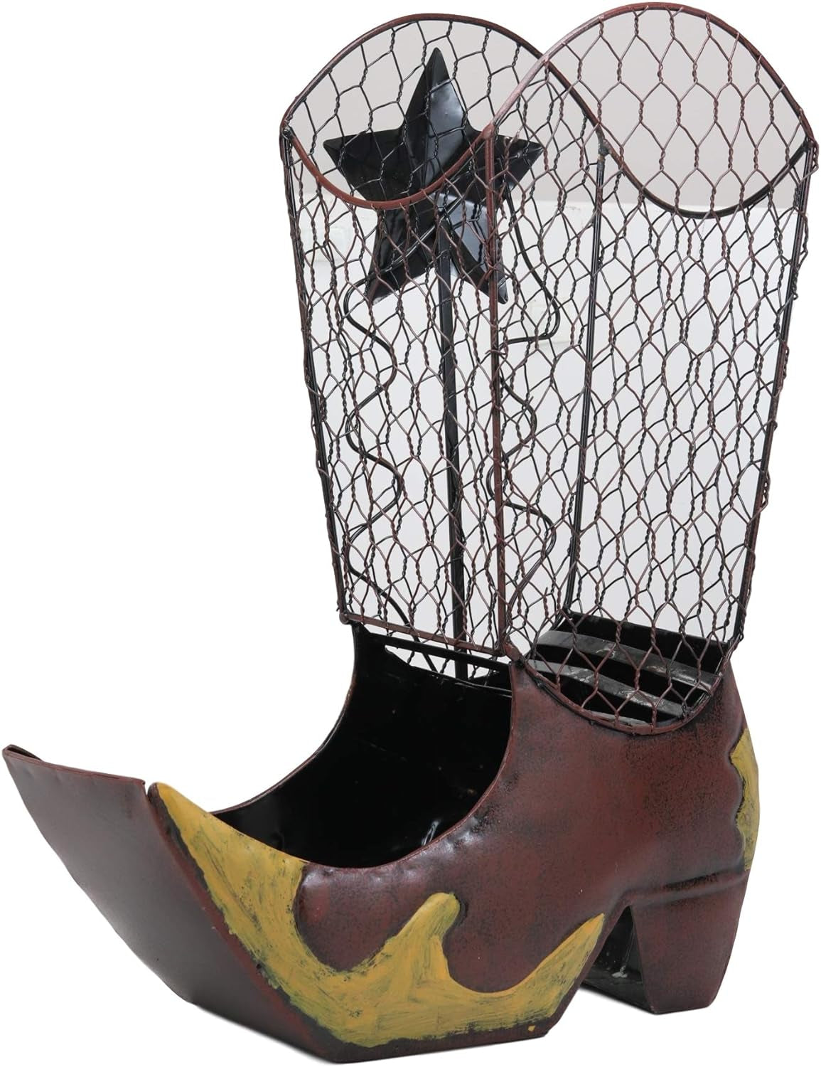 "Western Cowboy Boot Wine Bottle Holder: Handcrafted Rustic Texas Star Design, 14" Tall Steel Figurine - Perfect for Wine Lovers!"