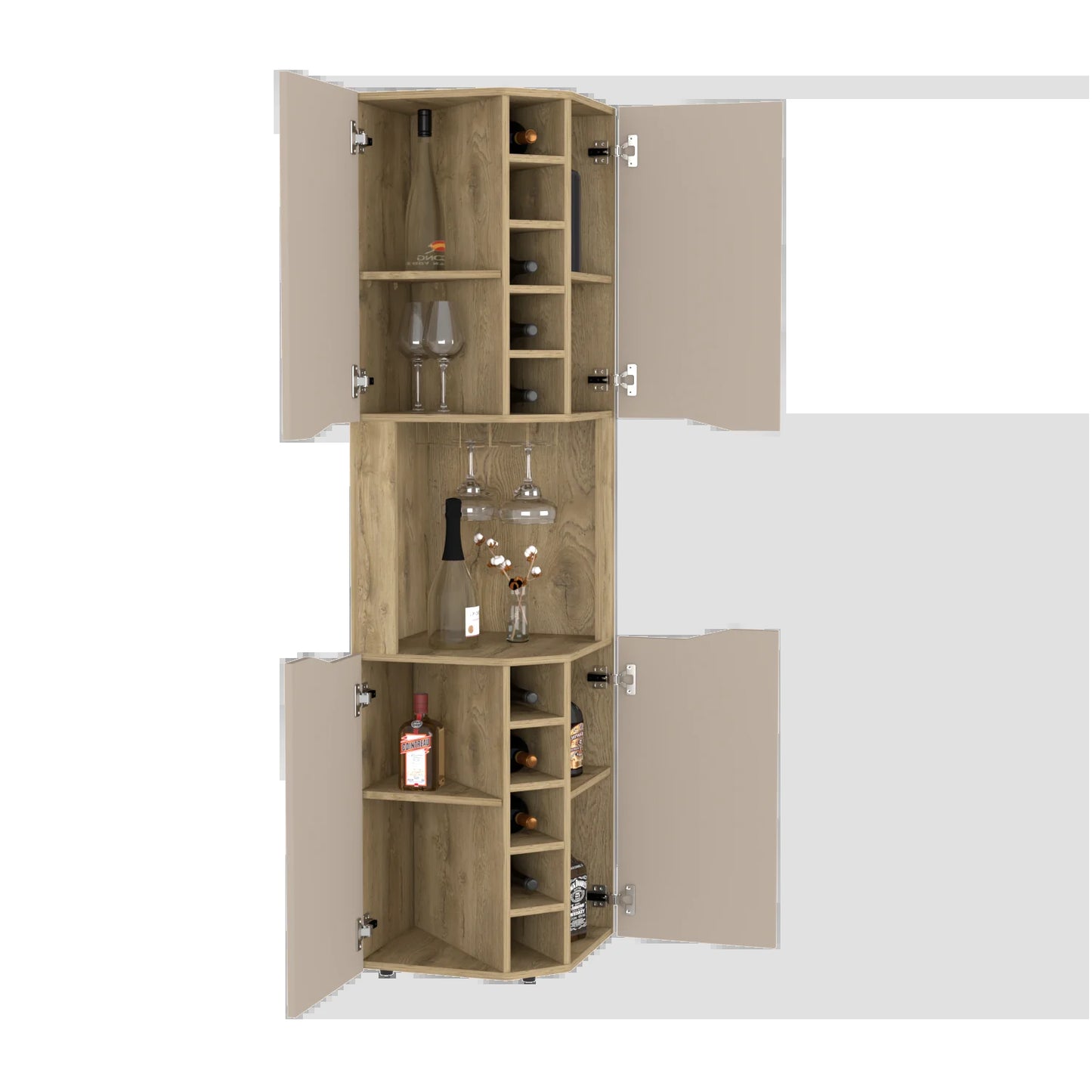 "Stylish Corner Bar Cabinet with Wine Cubbies - Perfect for Entertaining, Beautiful Aged Oak Finish"