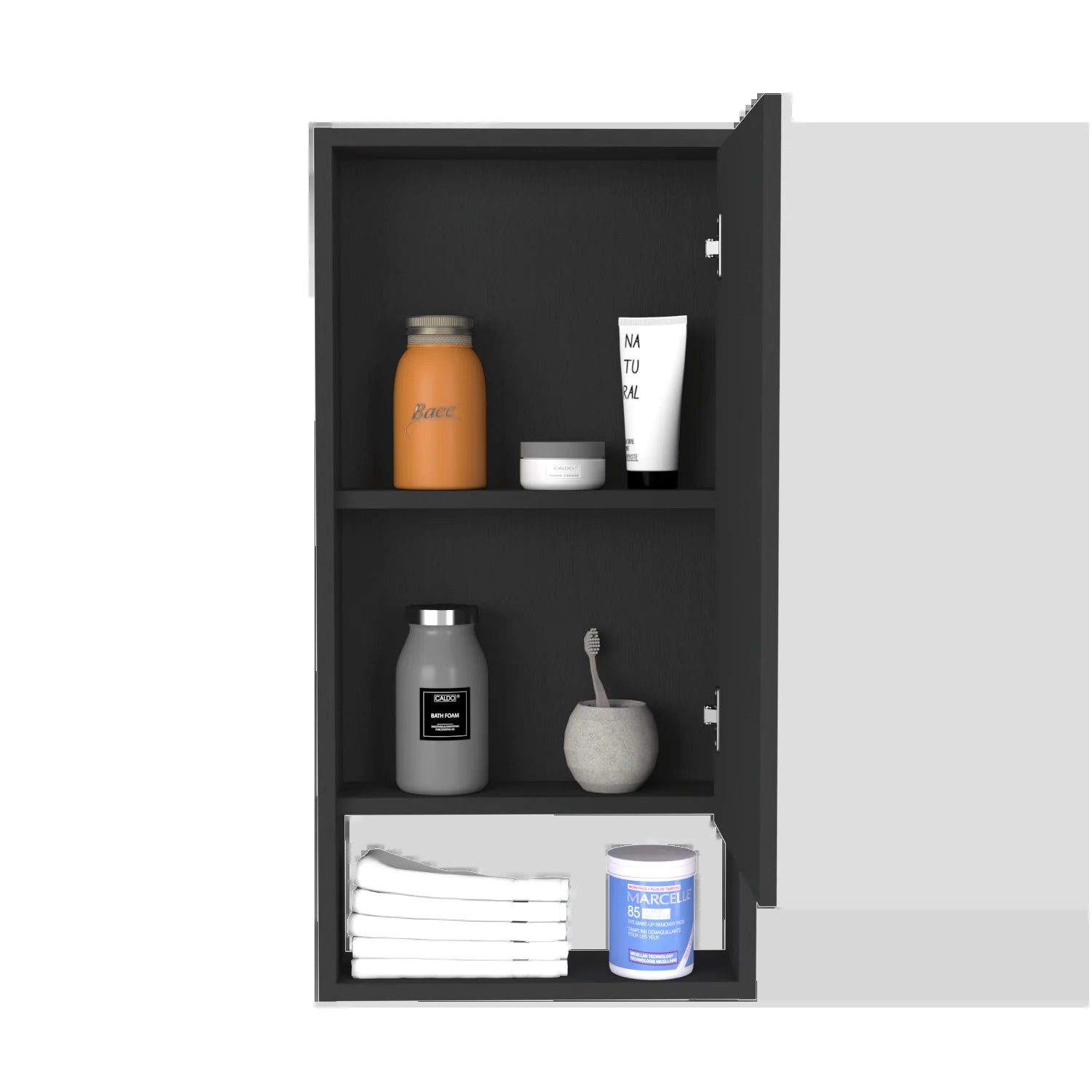 "Stylish and Functional Medicine Cabinet with External Shelf in Sleek Black Wengue Finish - Irvine Collection"