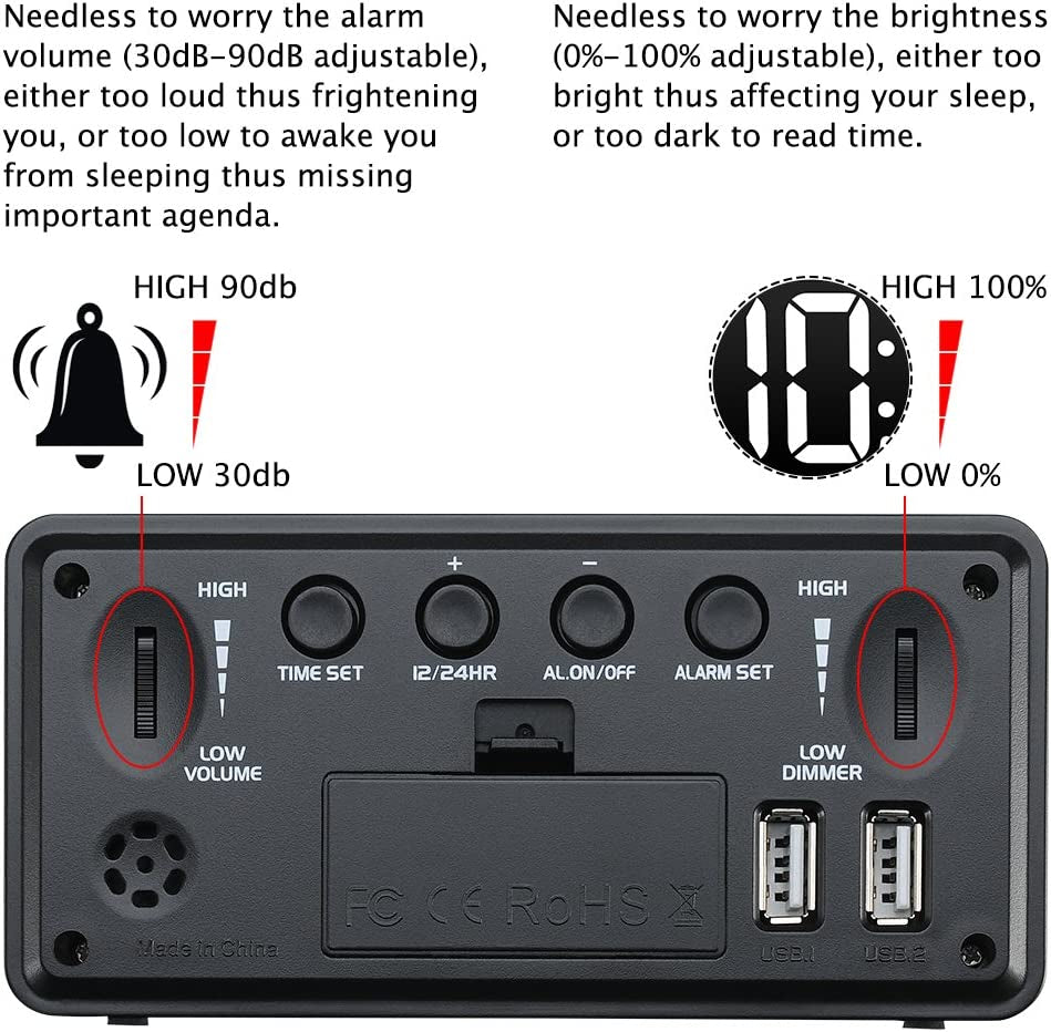 "Modern USB Digital Alarm Clock: Sleek Design, Easy-To-Read Display, Customizable Brightness & Volume, Perfect for Bedroom Nightstand"