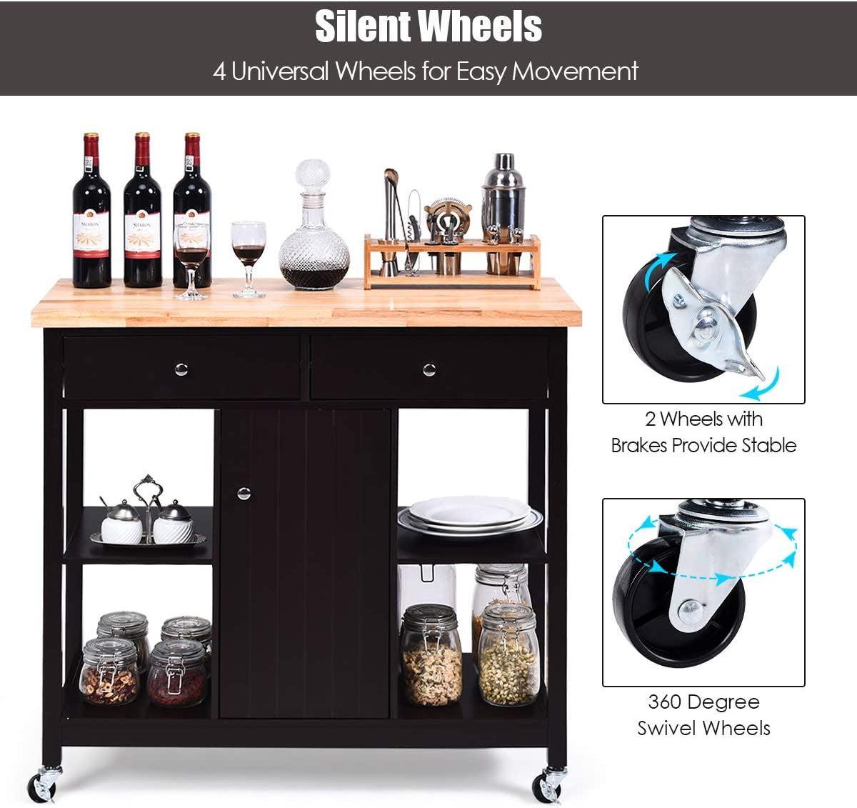 "Organize and Elevate Your Kitchen with Our Stylish Multifunctional Rolling Cart - Brown: Ample Storage, Convenient Drawers, Wine Rack, Shelves, and Glass Holder"