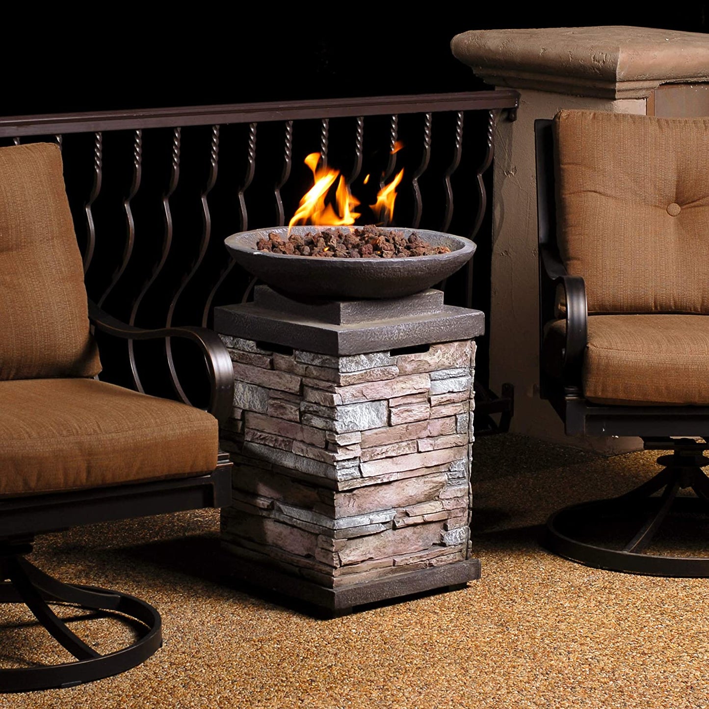 "Create a Cozy and Elegant Outdoor Ambiance with the Newcastle Propane Firebowl Column - Realistic Look Firepit Heater with Lava Rock, 40,000 BTU - Perfect for Outdoor Gatherings - Natural Stone Design - Pack of 1"