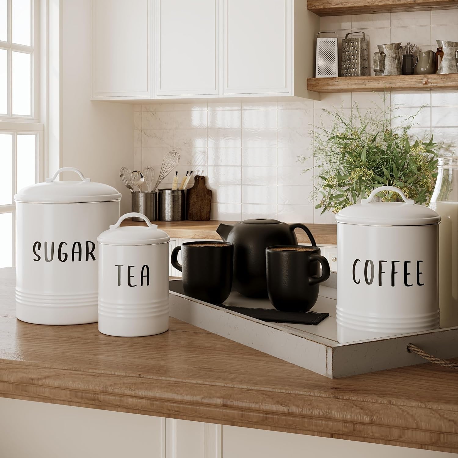 "Charming Vintage Farmhouse Kitchen Canister Set - Rustic White Metal Canisters, Set of 3"