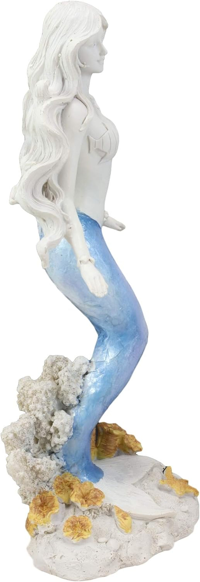 "Enchanting Oceanic Capiz Standing Mermaid Statue: Captivating Blue & White Gradient Nautical Decor"