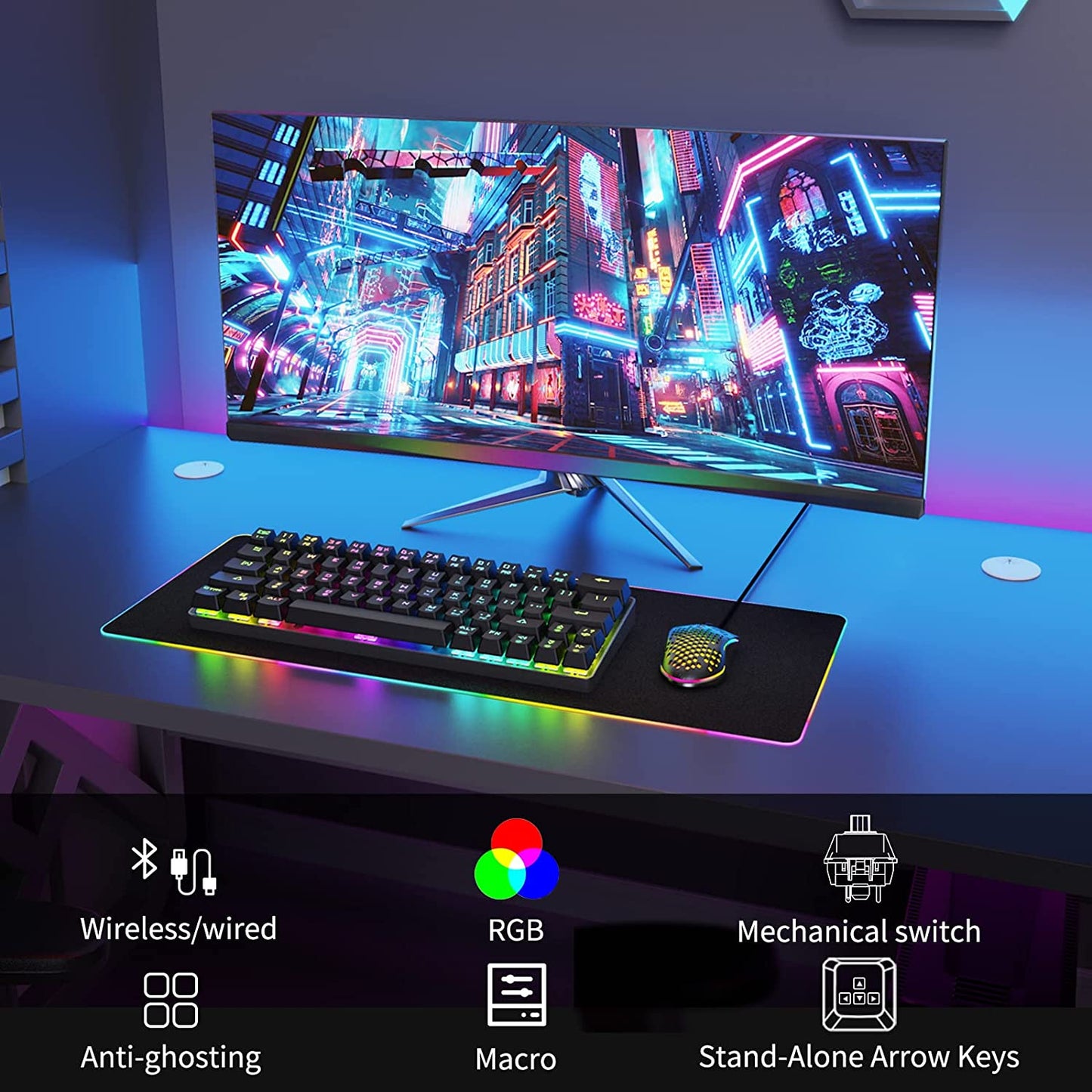 "Experience Ultimate Freedom with the DK63 Wireless Mechanical Keyboard: Vibrant RGB Backlit, Bluetooth Connectivity, Compact 63 Keys - Featuring Responsive Blue Switches!"