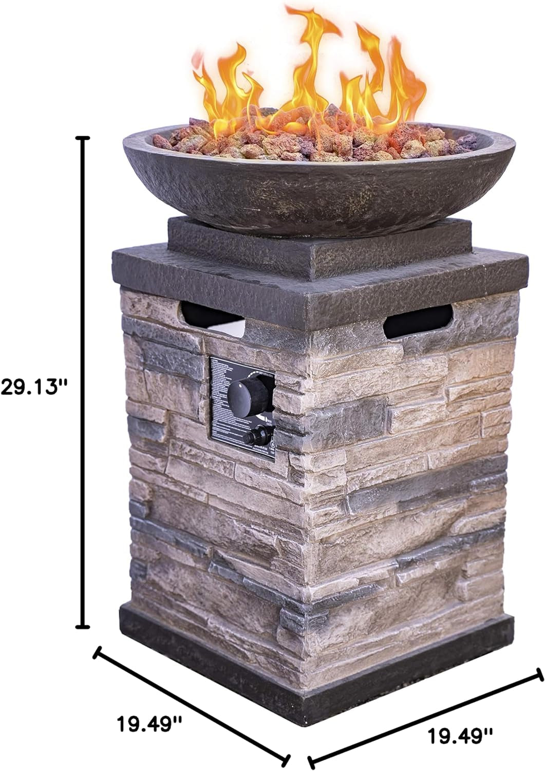 "Create a Cozy and Elegant Outdoor Ambiance with the Newcastle Propane Firebowl Column - Realistic Look Firepit Heater with Lava Rock, 40,000 BTU - Perfect for Outdoor Gatherings - Natural Stone Design - Pack of 1"