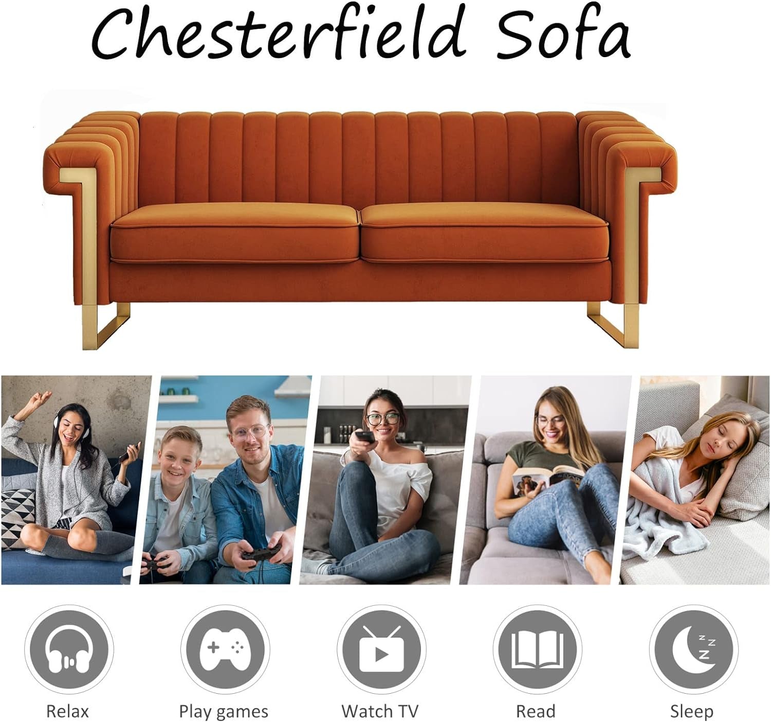 "Luxurious Velvet Chesterfield Sofa: Elegant Flair, Plush Removable Cushions, Opulent Gold Legs - Timeless Mid Century Tufted Design in Beautiful Beige"