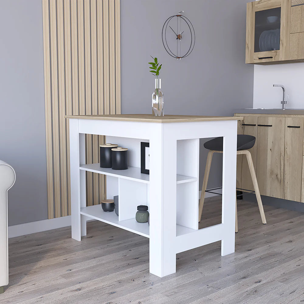 "Upgrade Your Kitchen with the Stylish Antibacterial Dozza Kitchen Island - Three Shelves, Light Oak/White Finish!"