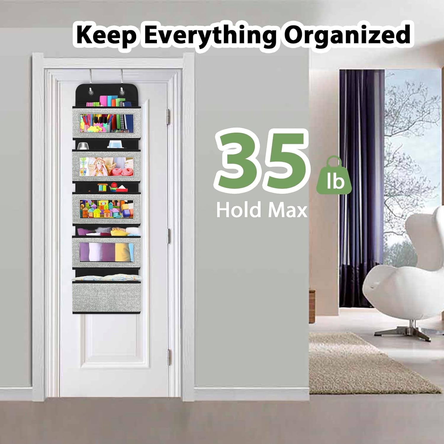 "Maximize Your Space with Our 5-Pocket Over-The-Door Organizer: Easy Access, Clear Windows, and Stylish Grey Design!"