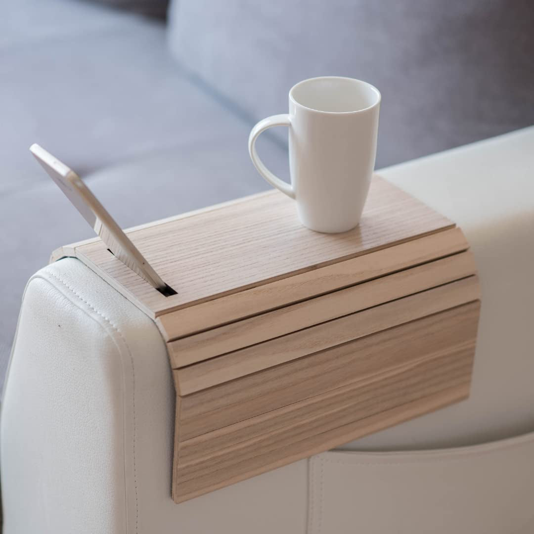 "Ultimate Wooden Sofa Arm Tray - Convenient Multi-Functional Bedside Organizer with Phone Holder, Cup Holder, and End Table Caddy"