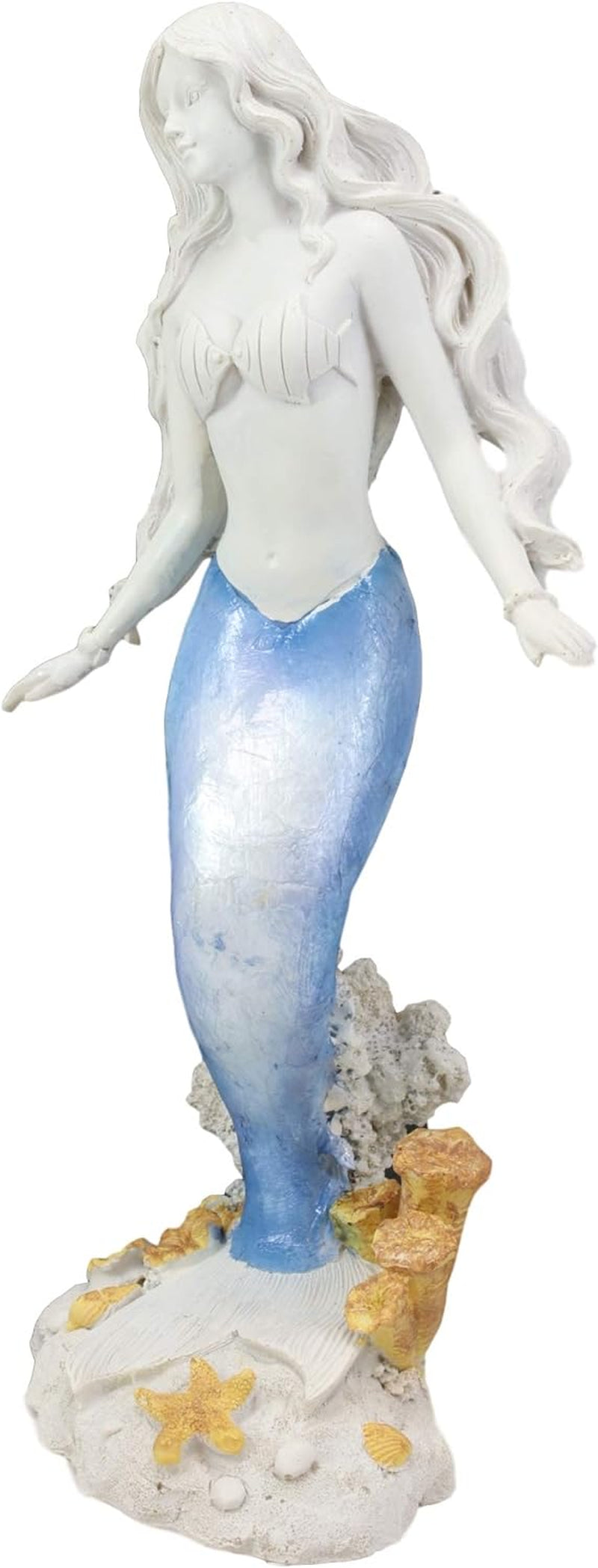 "Enchanting Oceanic Capiz Standing Mermaid Statue: Captivating Blue & White Gradient Nautical Decor"