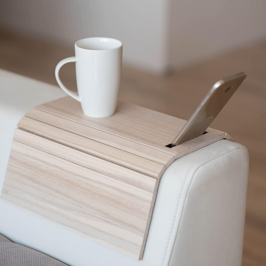 "Ultimate Wooden Sofa Arm Tray - Convenient Multi-Functional Bedside Organizer with Phone Holder, Cup Holder, and End Table Caddy"