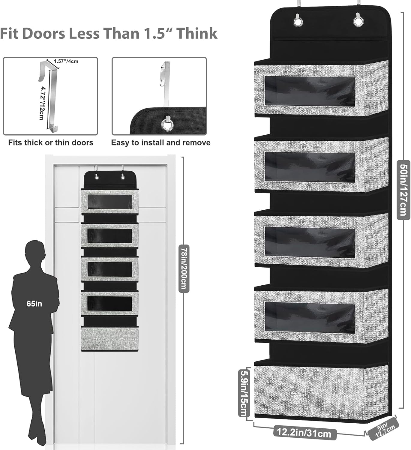 "Maximize Your Space with Our 5-Pocket Over-The-Door Organizer: Easy Access, Clear Windows, and Stylish Grey Design!"