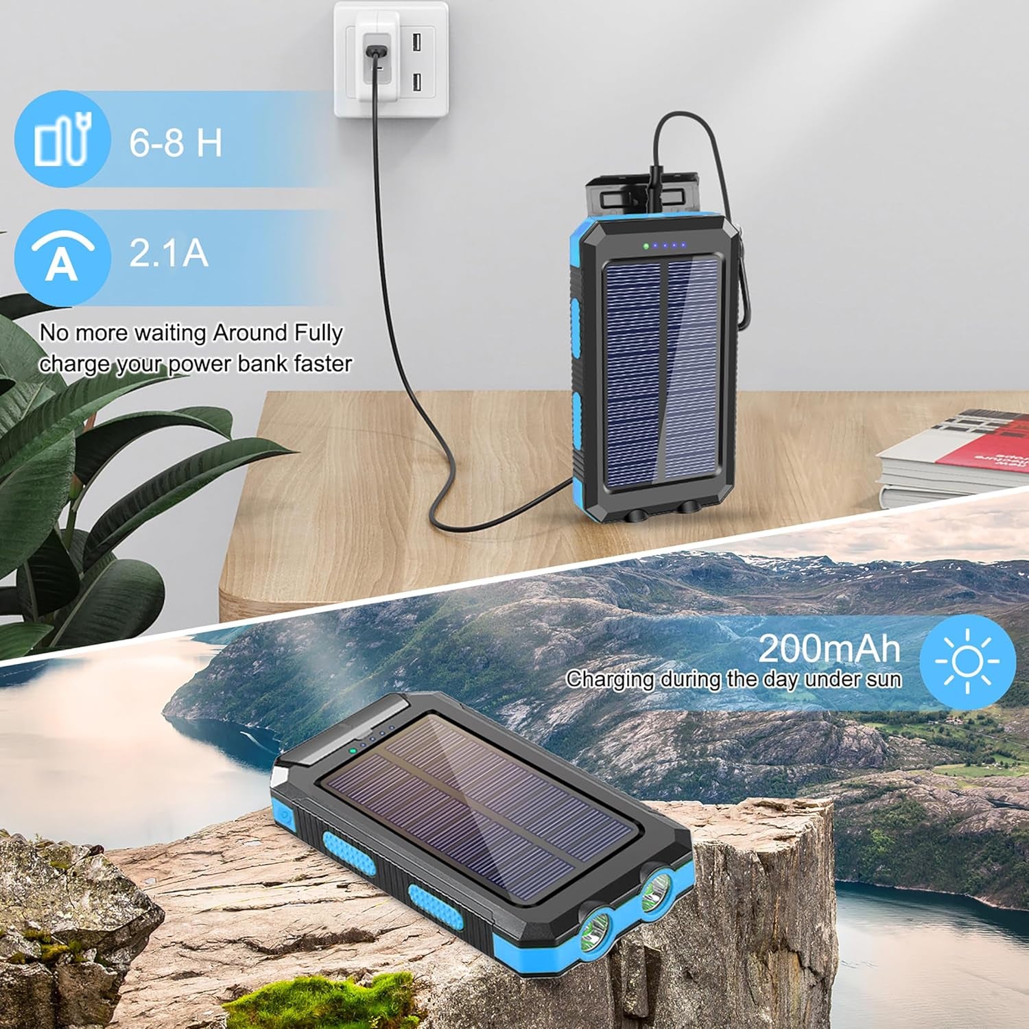 "Ultimate Outdoor Power Solution: 20,000Mah Solar Power Bank - Waterproof, Portable Charger with Dual USB Outputs, LED Flashlights, Compass - Perfect for Adventurers and Travelers!"