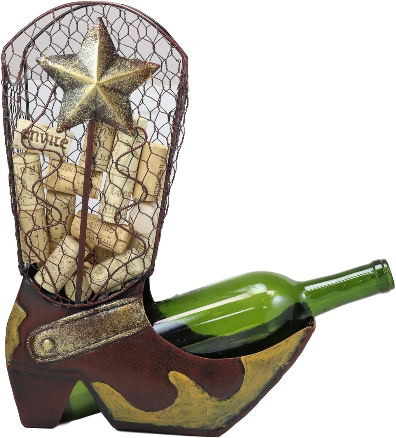 "Western Cowboy Boot Wine Bottle Holder: Handcrafted Rustic Texas Star Design, 14" Tall Steel Figurine - Perfect for Wine Lovers!"