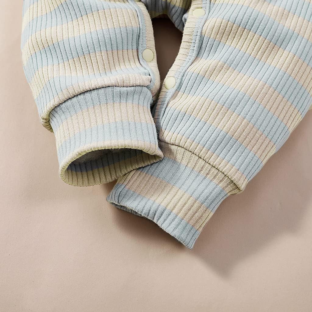 "Adorable Autumn Baby Romper: Stylish Horizontal Stripes, Long Sleeve, and Easy Bottom Button Closure!"