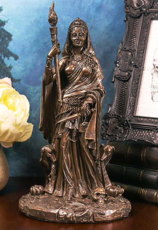 "Enchanting Wiccan Hecate Statue: Embrace the Ancient Power of the Greek Goddess of Magic & Witchcraft - Exquisite Triple Goddess Form in Stunning Bronze Patina"