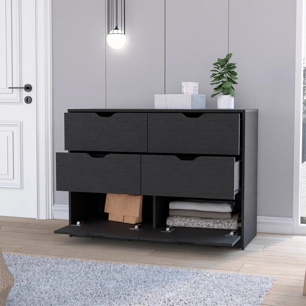 "Stylish Black Wengue Dresser Curio with Four Drawers - Perfect for Organizing and Showcasing Your Belongings"