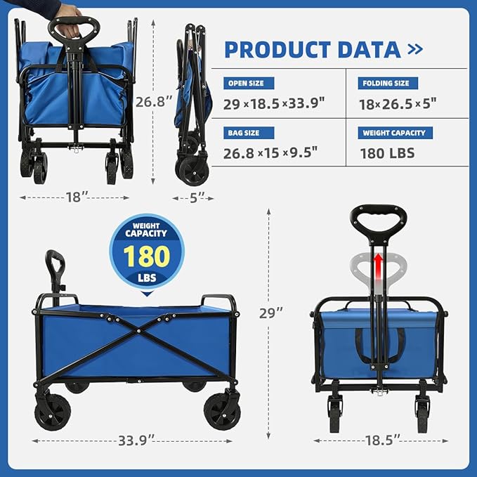 Collapsible Wagon Cart Heavy Duty Foldable, Large Capacity Foldable Grocery Beach Wagon for Camping Sports Shopping, Blue