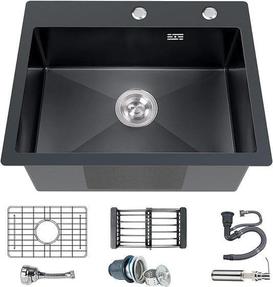 Black Kitchen Sink Stainless Steel 19.7 x 15.7 Inch Single Bowl Drop In Kitchen Sink With Gift