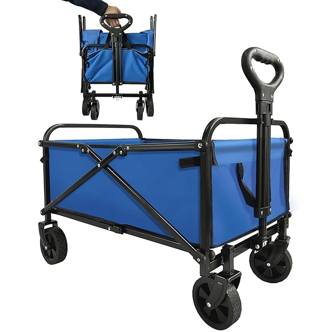 Collapsible Wagon Cart Heavy Duty Foldable, Large Capacity Foldable Grocery Beach Wagon for Camping Sports Shopping, Blue