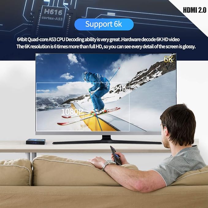 Android 10.0 TV Box, Android Box 4GB RAM 64GB ROM H616 Quad-Core 64-bit 2.4G/5G Dual WiFi 10/100M Ethernet, Support H.265/3D/6K Ultra HD/BT 5.0/HDMI 2.0 Smart TV Box