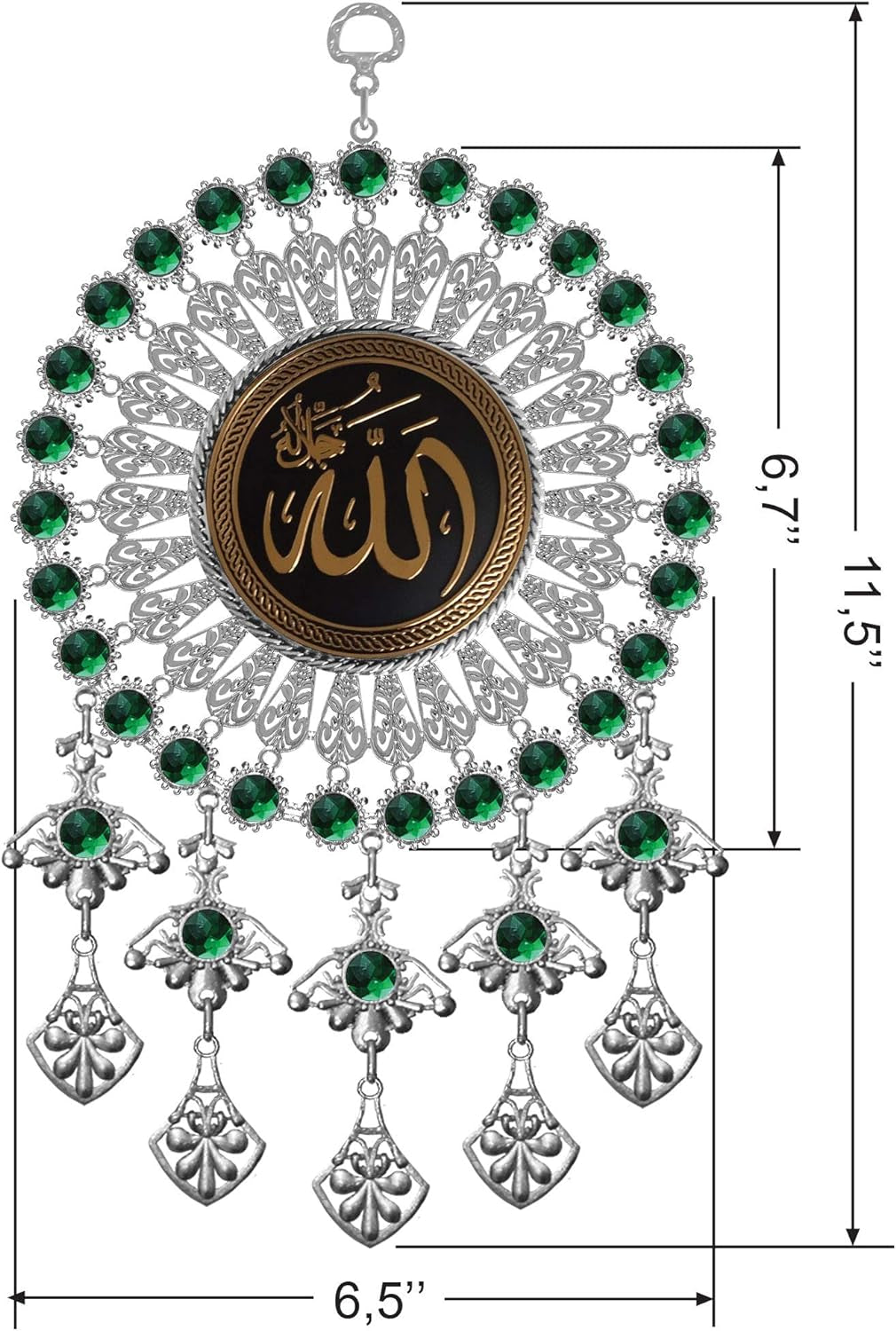 "Exquisite 6.7” Metal Allah Wall Art: Perfect Islamic Gift for Ramadan & Eid Mubarak, Elegant Gold Design with Enchanting Green Beads"