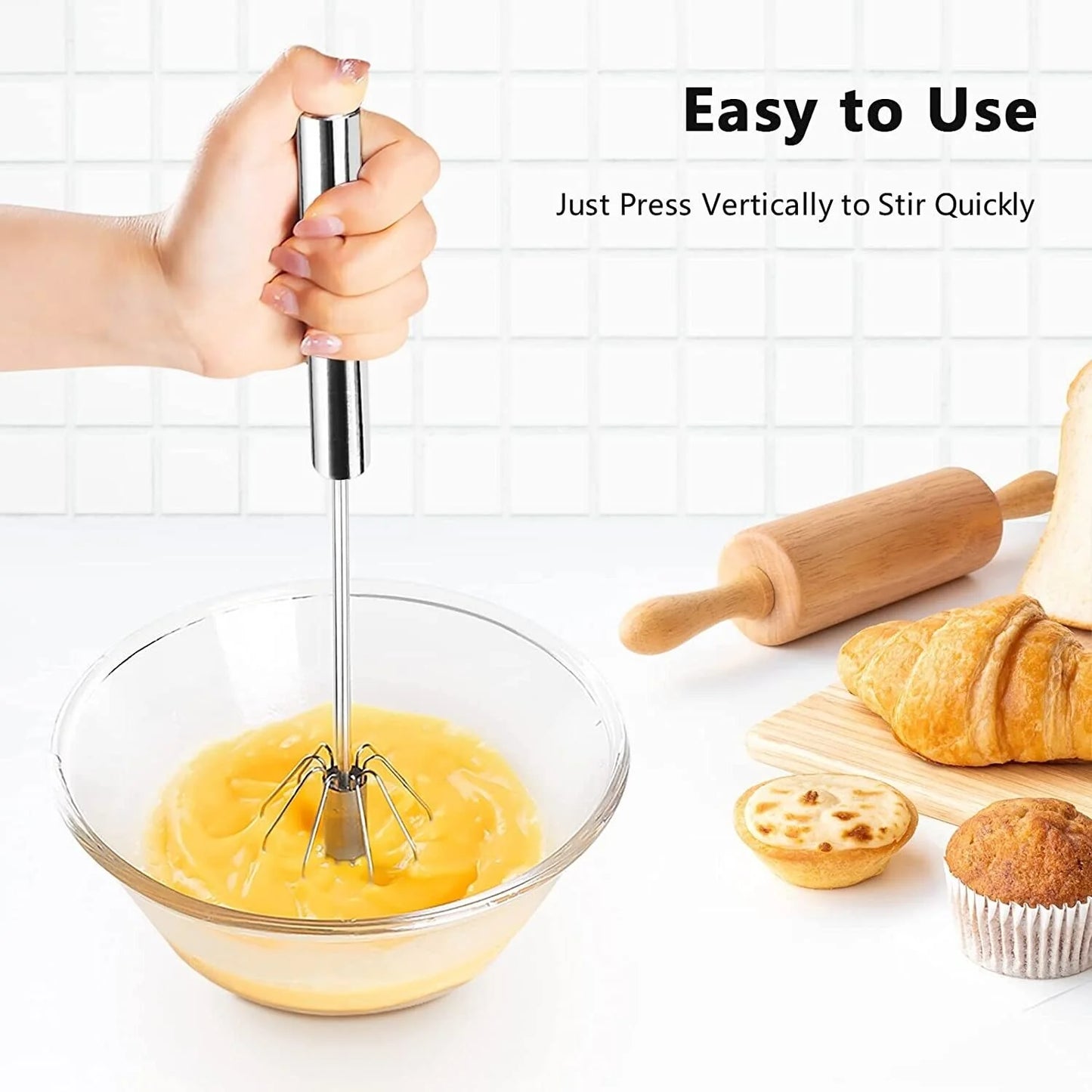 "Effortlessly Whisk and Blend with Our 14" Semi-Automatic Stainless Steel Hand Push Egg Beater!"