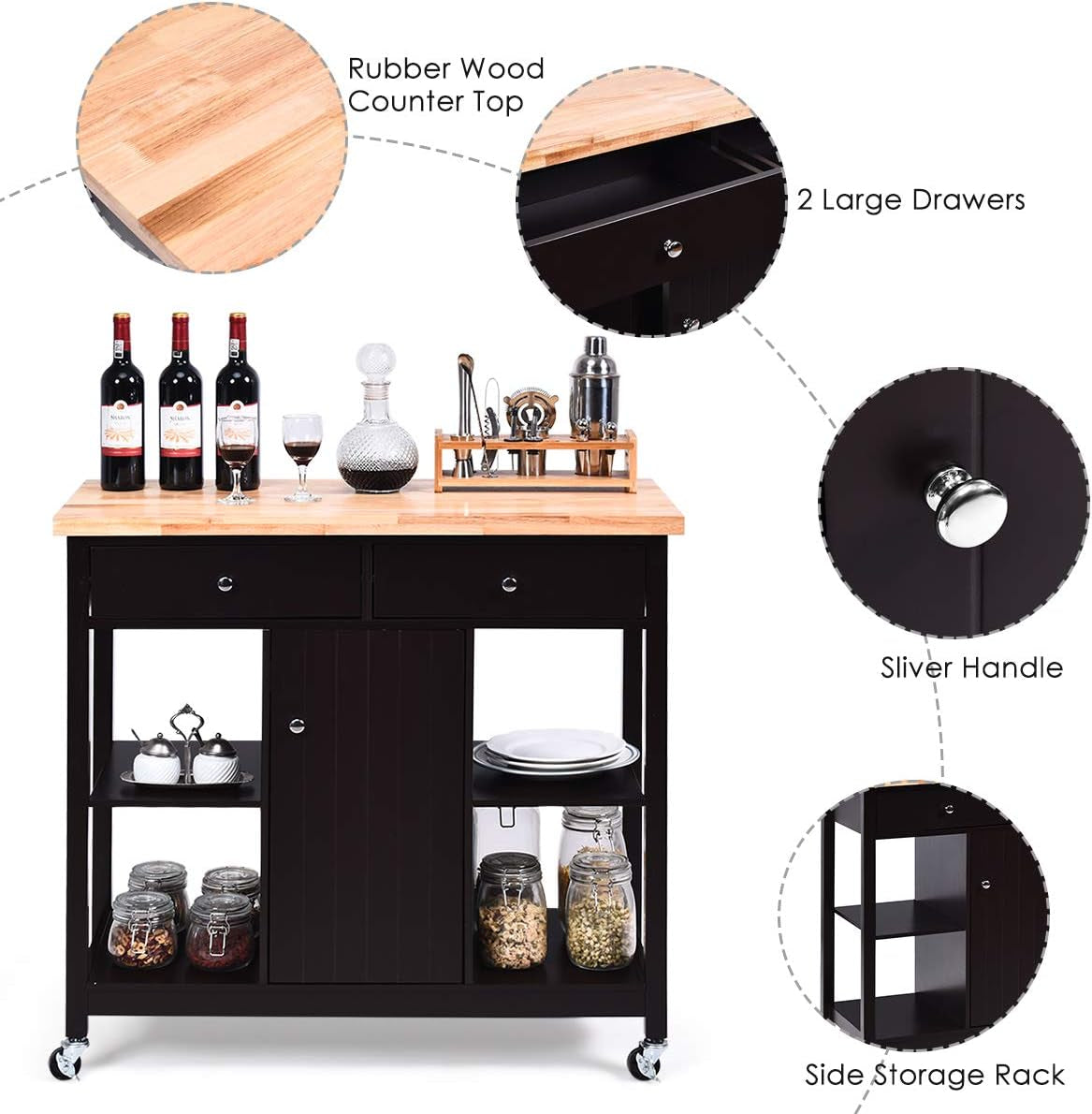 "Organize and Elevate Your Kitchen with Our Stylish Multifunctional Rolling Cart - Brown: Ample Storage, Convenient Drawers, Wine Rack, Shelves, and Glass Holder"