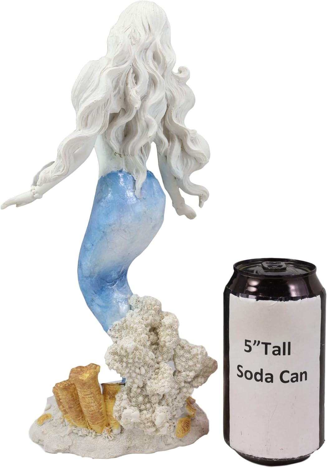 "Enchanting Oceanic Capiz Standing Mermaid Statue: Captivating Blue & White Gradient Nautical Decor"