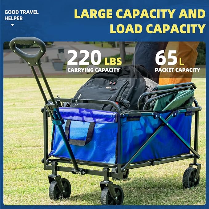 Collapsible Wagon Cart Heavy Duty Foldable, Large Capacity Foldable Grocery Beach Wagon for Camping Sports Shopping, Blue