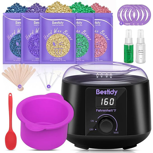 Waxing Kit Wax Warmer, Bestidy Digital Wax Kit with Hard Wax Beads for Women and Men