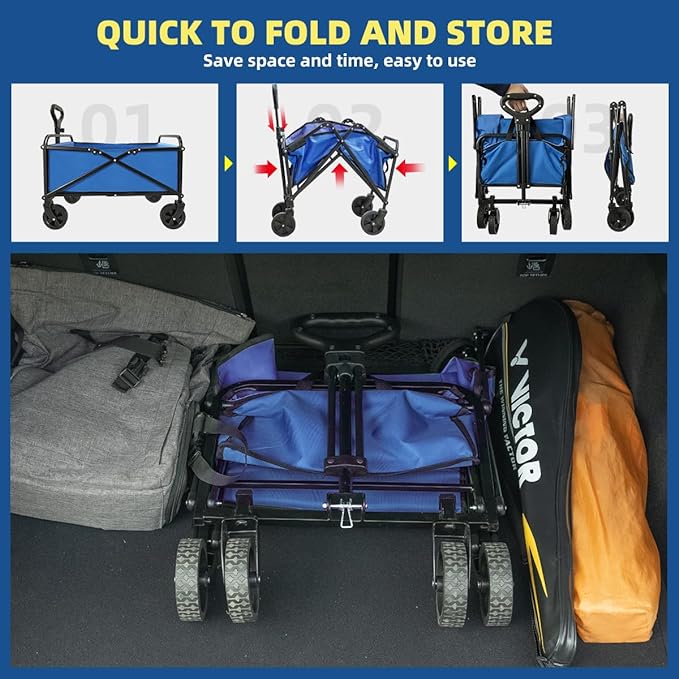 Collapsible Wagon Cart Heavy Duty Foldable, Large Capacity Foldable Grocery Beach Wagon for Camping Sports Shopping, Blue