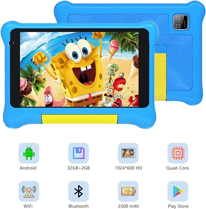 Kids Tablet 7 inch, Android 12 Go Quad Core, 2GB RAM + 32GB ROM, 128GB Expansion, HD Display, Wi-Fi, Children Tablet with Parent Control - Blue