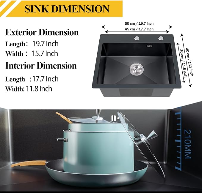 Black Kitchen Sink Stainless Steel 19.7 x 15.7 Inch Single Bowl Drop In Kitchen Sink With Gift