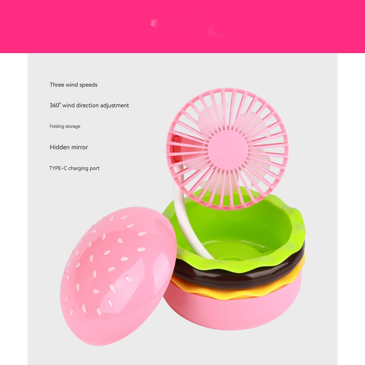 Creative New Cartoon Hamburger Desktop Fan USB Charging Belt Cosmetic Mirror Portable