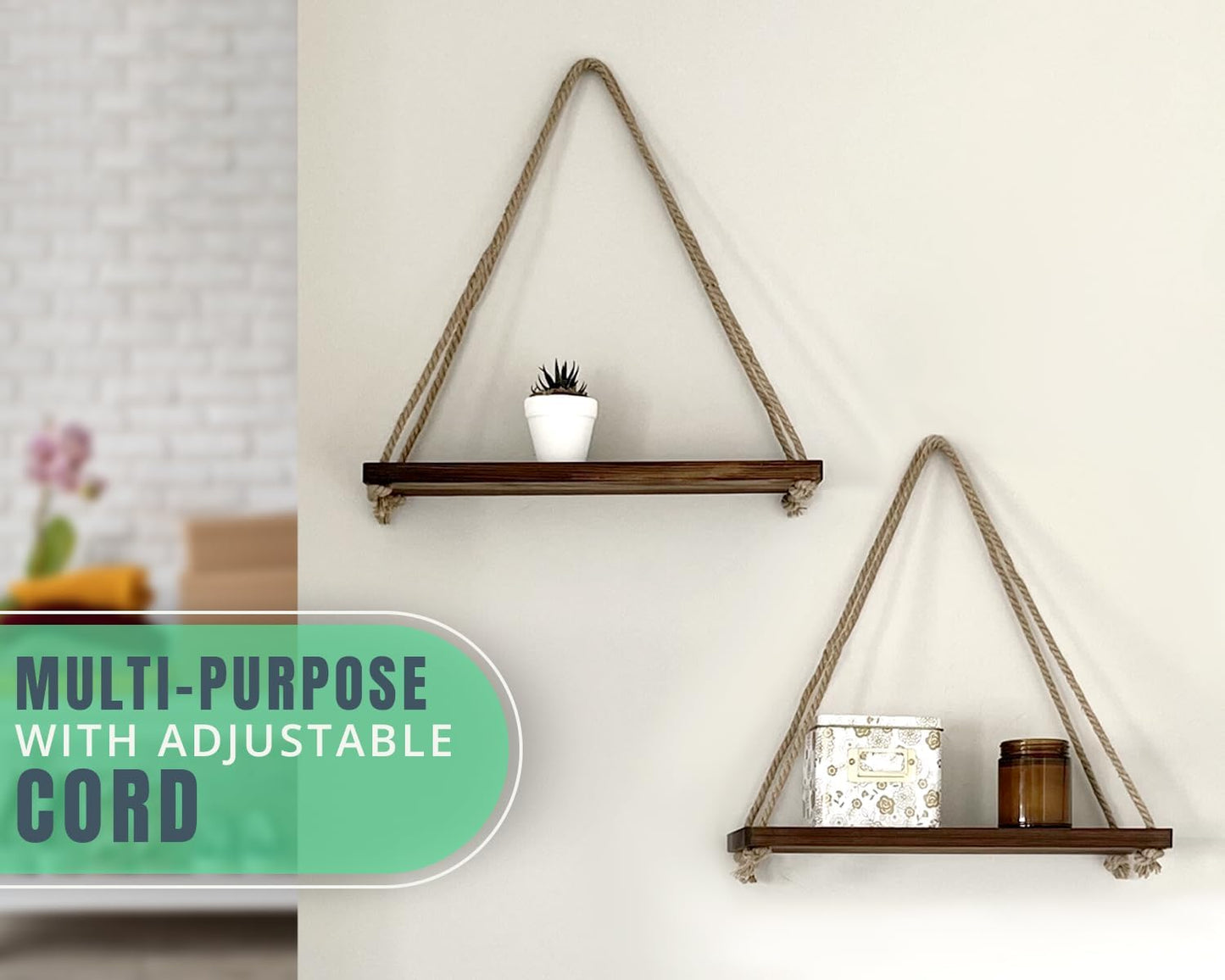 "Rustic Farmhouse Hanging Shelves - Set of 2 - Boho Chic String Shelves - Distressed Real Wood - Brown - 17"X5.2""