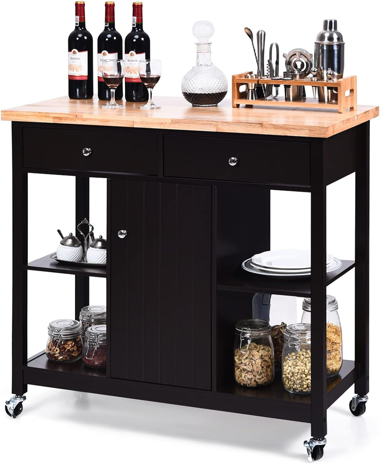 "Organize and Elevate Your Kitchen with Our Stylish Multifunctional Rolling Cart - Brown: Ample Storage, Convenient Drawers, Wine Rack, Shelves, and Glass Holder"