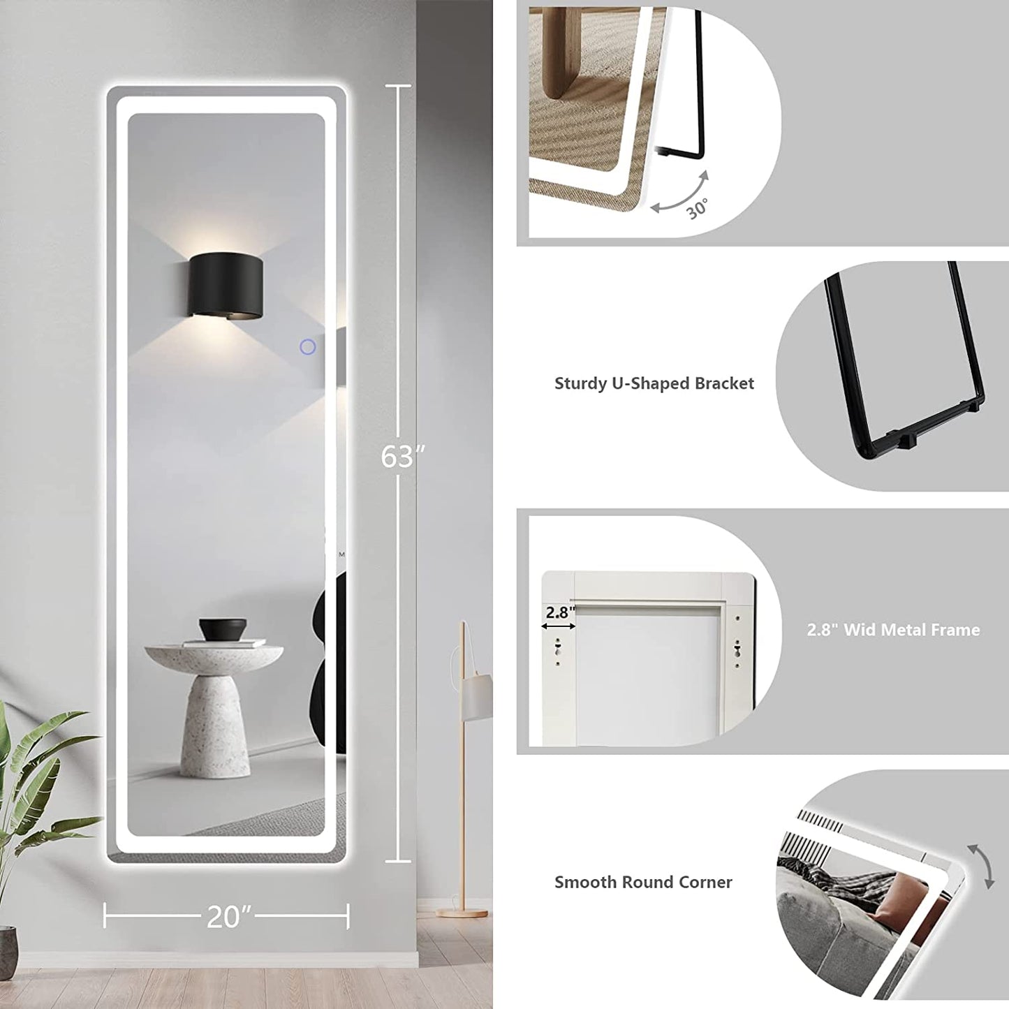 "Illuminate Your Space with Our Stylish LED Full-Length Mirror - 63"X20" - Adjustable Brightness, Freestanding or Wall-Mounted for Ultimate Versatility!"