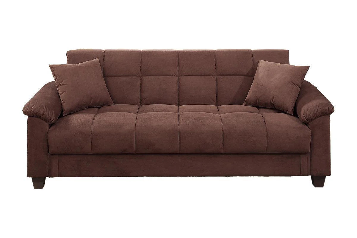 "Luxurious Chocolate Microfiber Plush Storage Sofa: Upgrade Your Living Room with This Stylish Contemporary Futon Set, Complete with Cozy Pillows!"