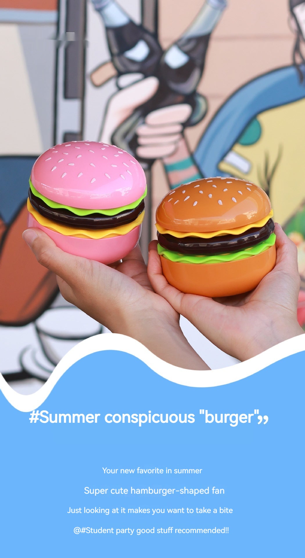 Creative New Cartoon Hamburger Desktop Fan USB Charging Belt Cosmetic Mirror Portable