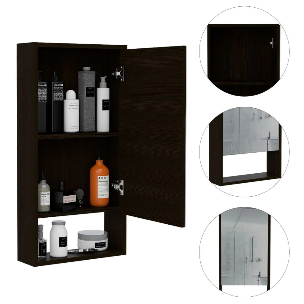 "Stylish and Functional Medicine Cabinet with External Shelf in Sleek Black Wengue Finish - Irvine Collection"