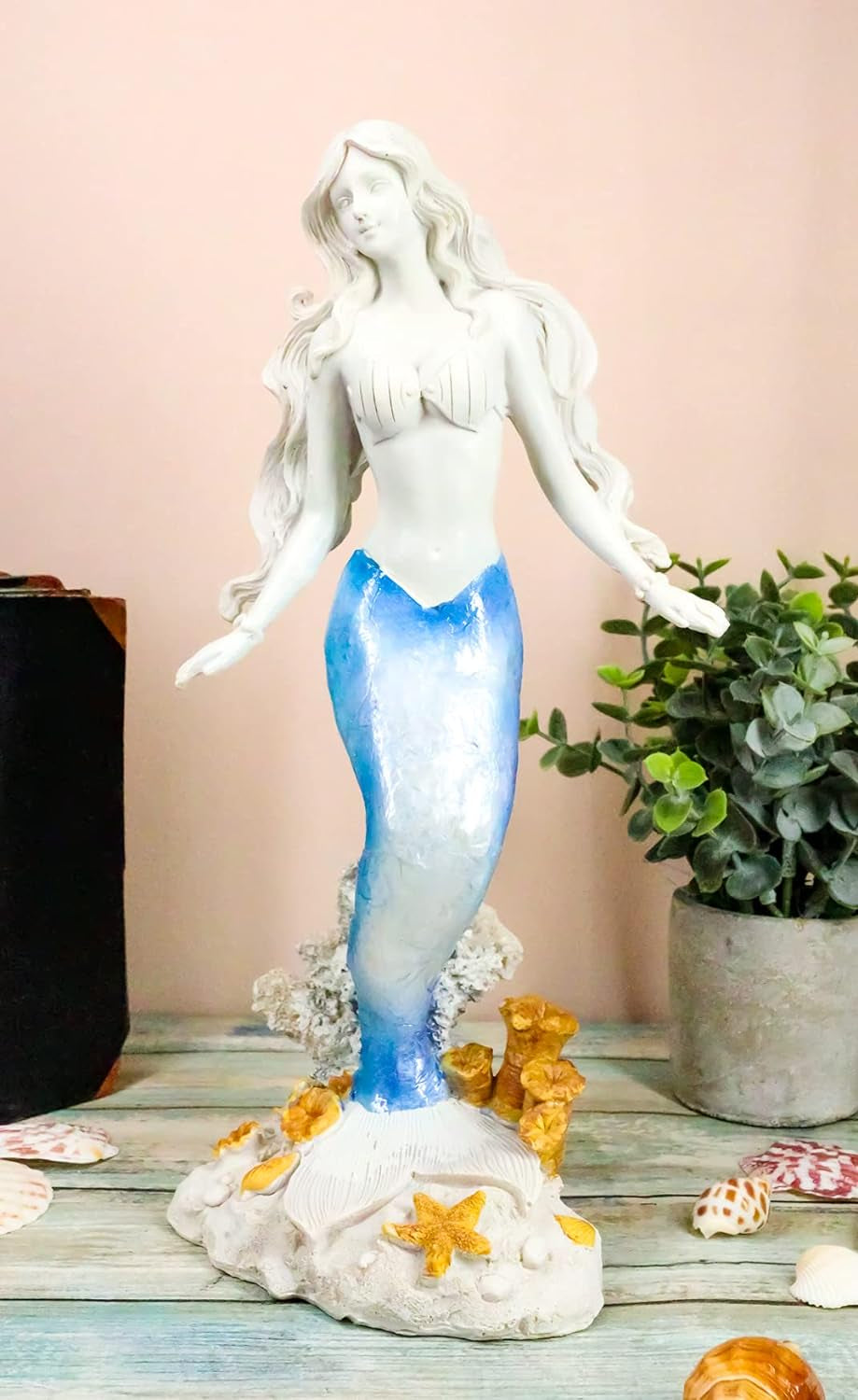 "Enchanting Oceanic Capiz Standing Mermaid Statue: Captivating Blue & White Gradient Nautical Decor"