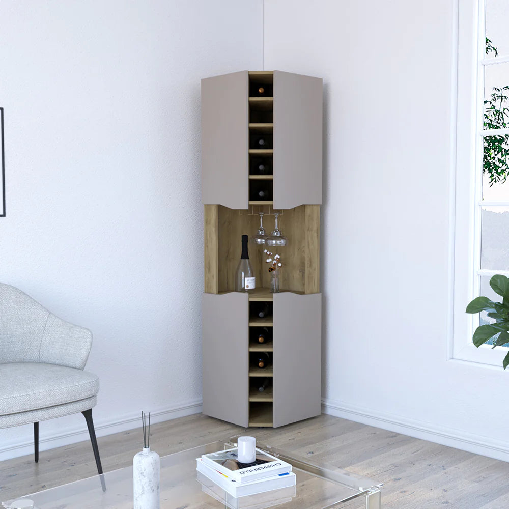 "Stylish Corner Bar Cabinet with Wine Cubbies - Perfect for Entertaining, Beautiful Aged Oak Finish"