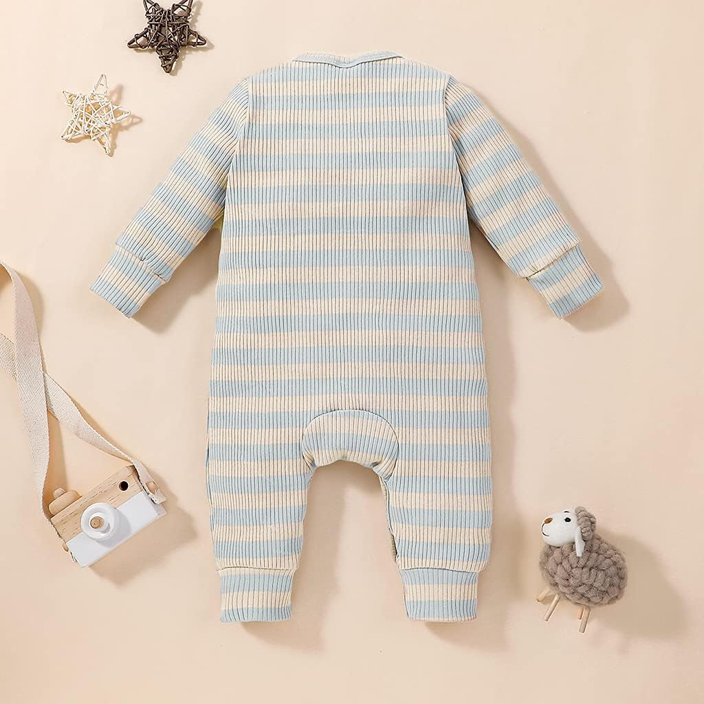 "Adorable Autumn Baby Romper: Stylish Horizontal Stripes, Long Sleeve, and Easy Bottom Button Closure!"