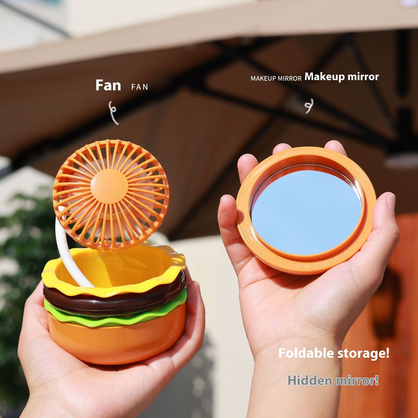 Creative New Cartoon Hamburger Desktop Fan USB Charging Belt Cosmetic Mirror Portable