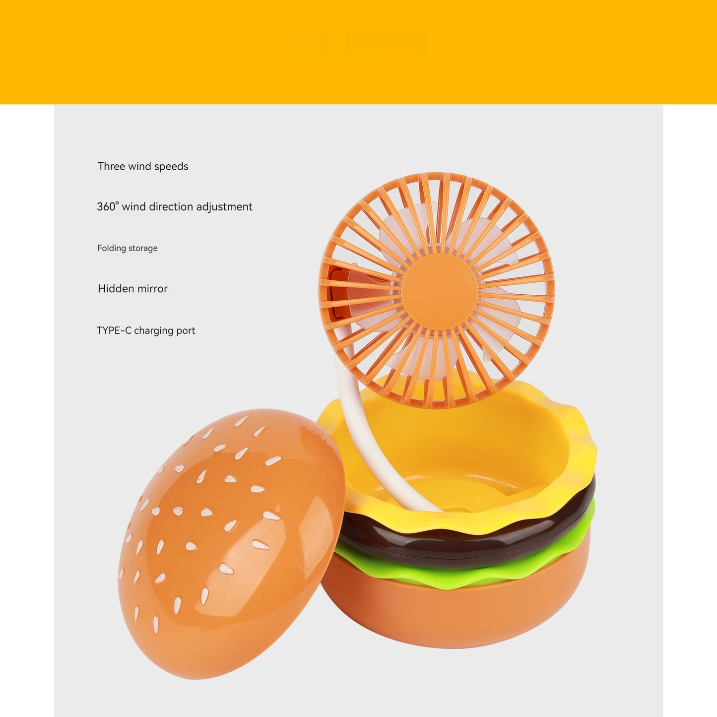 Creative New Cartoon Hamburger Desktop Fan USB Charging Belt Cosmetic Mirror Portable