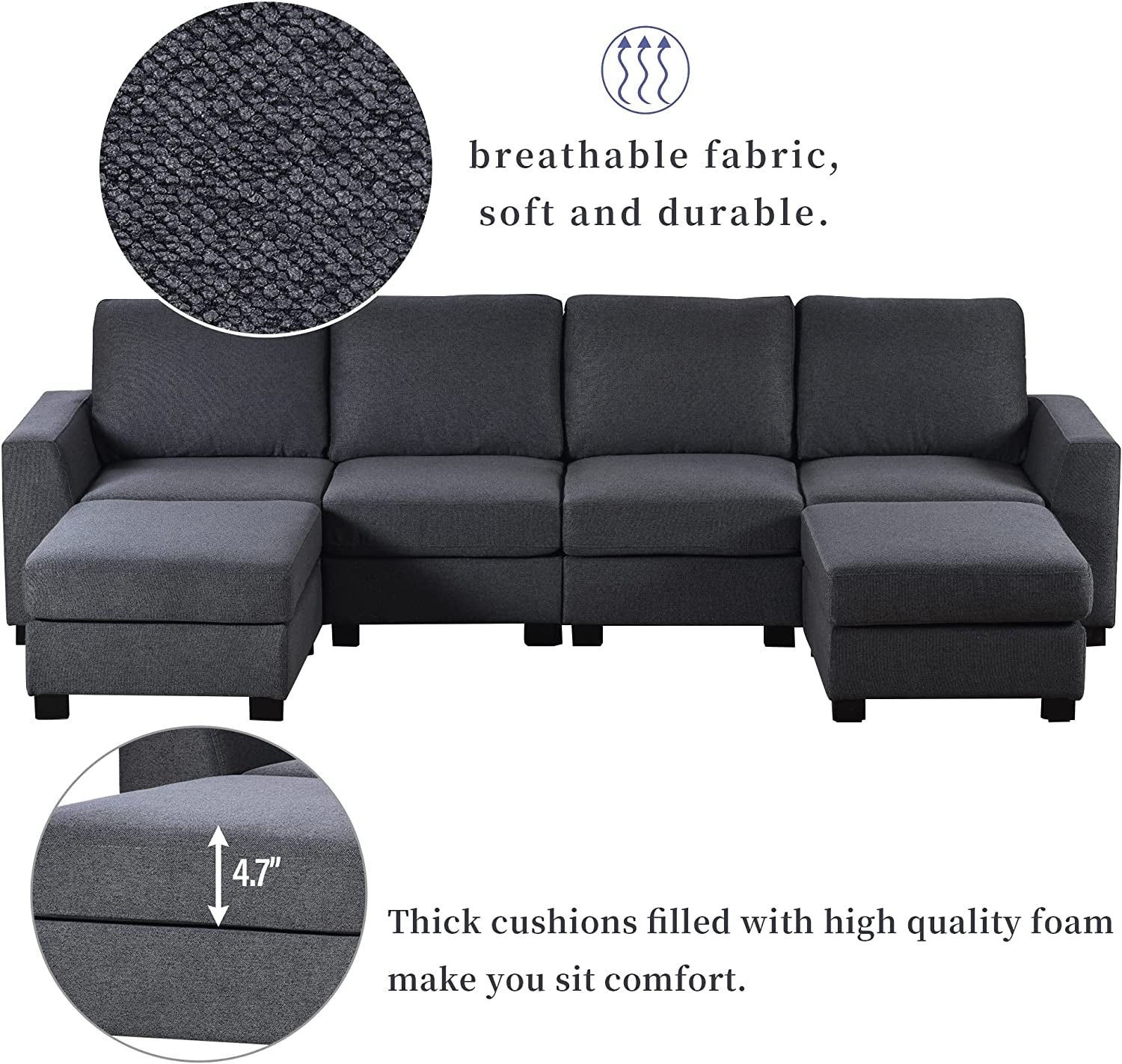 "Modern and Versatile 131" U-Shape Sectional Sofa Set with Ottoman and Stylish Wide Arms - Elegant Gray Finish!"