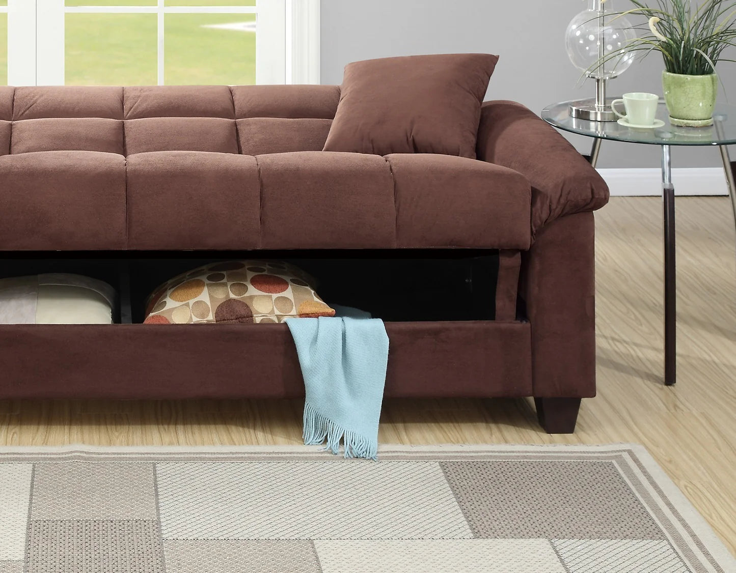 "Luxurious Chocolate Microfiber Plush Storage Sofa: Upgrade Your Living Room with This Stylish Contemporary Futon Set, Complete with Cozy Pillows!"